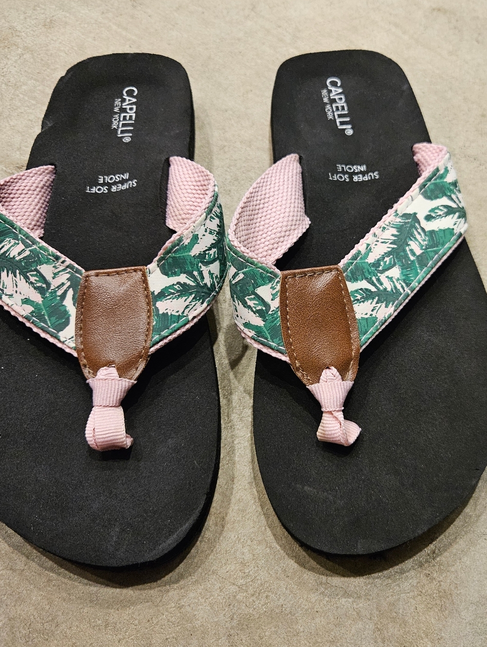 Capelli of New York Pink and Green Palm Print Flip Flop Sandals